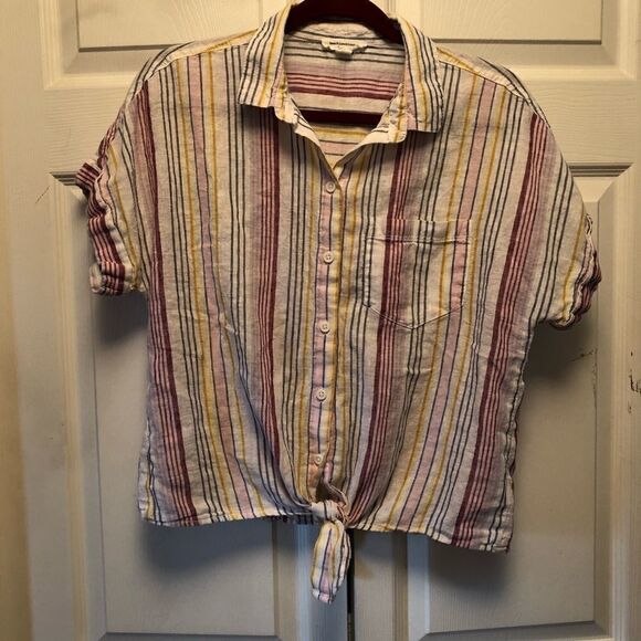 Beachlunchlounge Linen Button Down Tie Front Shirt - Picture 1 of 4